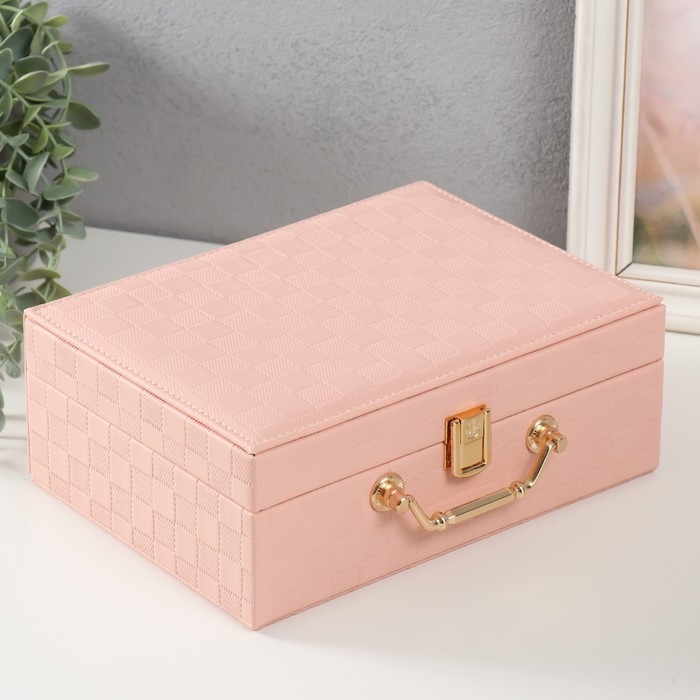Шкатулка кожзам для украшений  Шкатулка кожзам для украшений "Кейс. Шахматка" розовая 17,5х24х9 см
