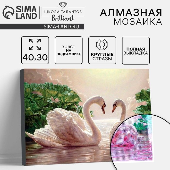 Алмазная мозаика с полным заполнением на подрамнике «Лебеди на озере», 30 х 40 см Алмазная мозаика с полным заполнением на подрамнике «Лебеди на озере», 30 х 40 см