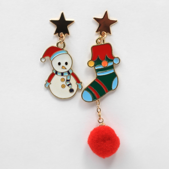 Новый год! Серьги «Новогодние» снеговик с носком, цветные в золоте Новый год! Серьги «Новогодние» снеговик с носком, цветные в золоте