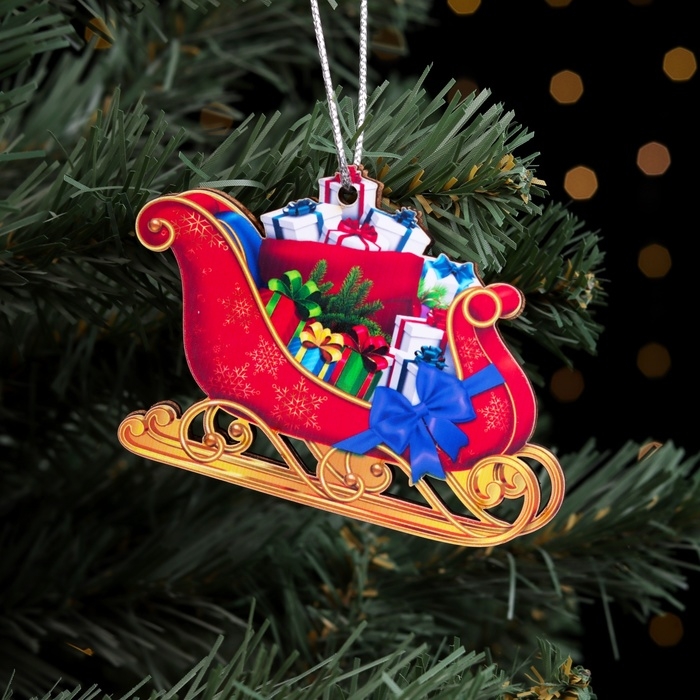 Ёлочная игрушка двусторонняя Ёлочная игрушка двусторонняя "Сани с подарком", 9х6 см