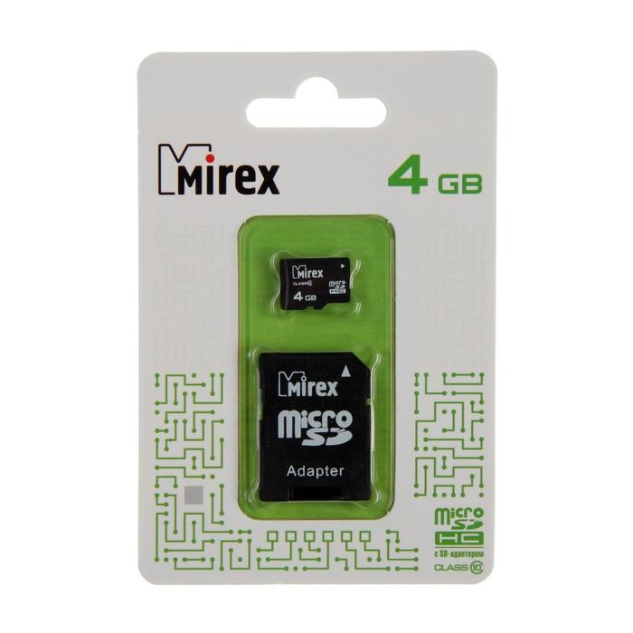 Карта памяти Mirex microSD, 4 Гб, SDHC, класс 10, с адаптером SD Карта памяти Mirex microSD, 4 Гб, SDHC, класс 10, с адаптером SD