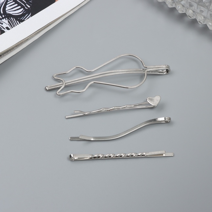 Невидимка для волос  Невидимка для волос "Тириль" (набор 4 шт) котик, 5,5 и 6,5 см, серебро