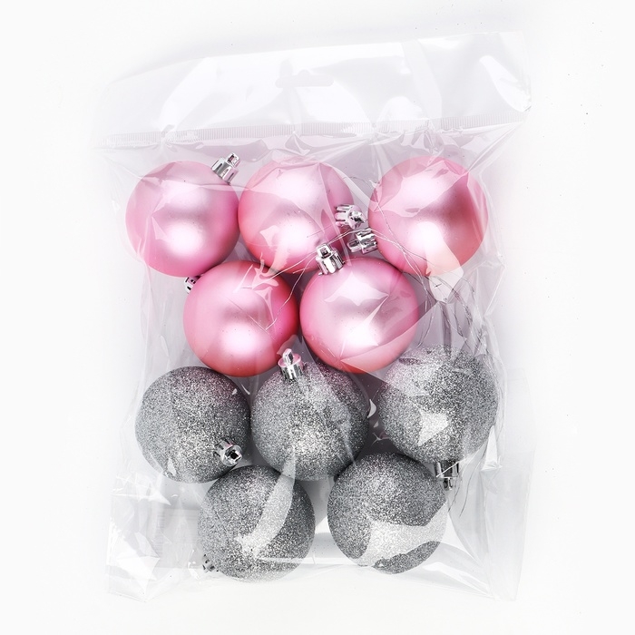 Шары ёлочные новогодние, на Новый год, d=6 см, 10 шт., цвет розовый и серебристый Шары ёлочные новогодние, на Новый год, d=6 см, 10 шт., цвет розовый и серебристый