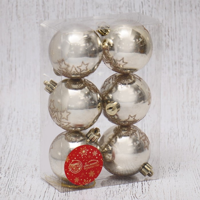 Набор шаров пластик d-6 см, 6 шт Набор шаров пластик d-6 см, 6 шт "Эмили звёзды" золото