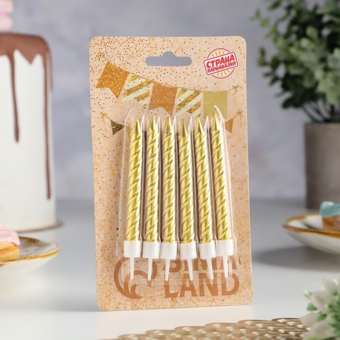 Свечи в торт с подставками, золотые, средние, набор 6 шт, 8 см Свечи в торт с подставками, золотые, средние, набор 6 шт, 8 см