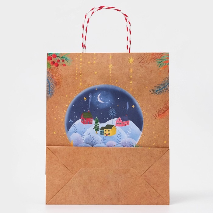 Новый год. Пакет бумажный подарочный новогодний крафт Новый год. Пакет бумажный подарочный новогодний крафт "Рождественский стекляный шар" 18 х 22,3 х 10 см.