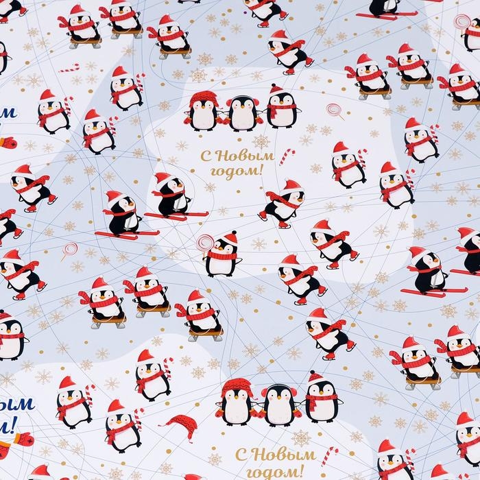 Новый год. Бумага упаковочная глянцевая  Новый год. Бумага упаковочная глянцевая "Пингвины", 70 х 100 cм, 1 лист