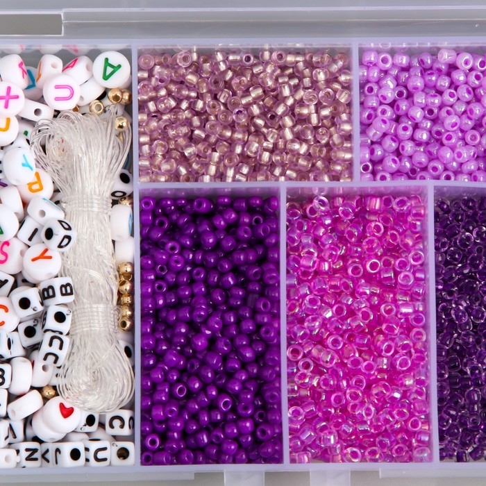 Бисер стекло 8/0 в шкатулке  Бисер стекло 8/0 в шкатулке "Фиолетовый" бусины + нить 0,8 мм 5 м 12х8,4х2,2 см