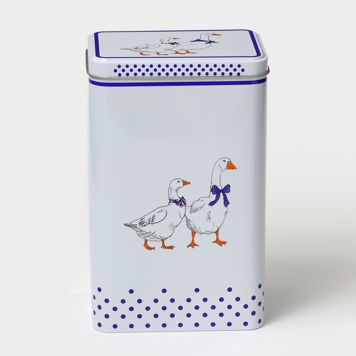 Банка для сыпучих продуктов «Гуси», 2,7 л, 13,5 х 9,5 х 21,5 см, жесть, цвет белый в горох