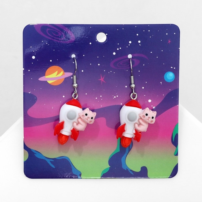 Серьги ассорти «Радость» коты на ракете, цветные в серебре Серьги ассорти «Радость» коты на ракете, цветные в серебре