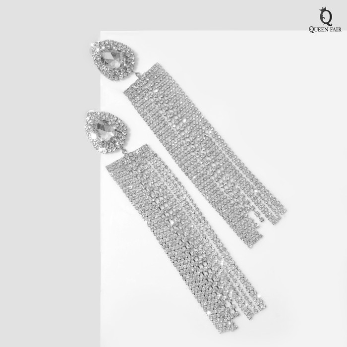 Серьги висячие со стразами «Водопад» капля крупная, цвет белый в серебре, 15,5 см Серьги висячие со стразами «Водопад» капля крупная, цвет белый в серебре, 15,5 см