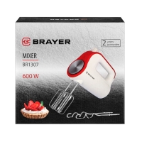 Миксер BRAYER 1307BR, ручной, 600 Вт, 5 скоростей, бело-красный