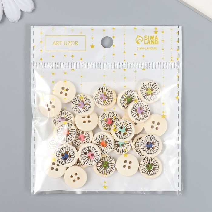 Пуговицы дерево для творчества 4 прокола Пуговицы дерево для творчества 4 прокола "Ромашка с яркой серединой" н-р 30шт 1,5х1,5х0,3 см