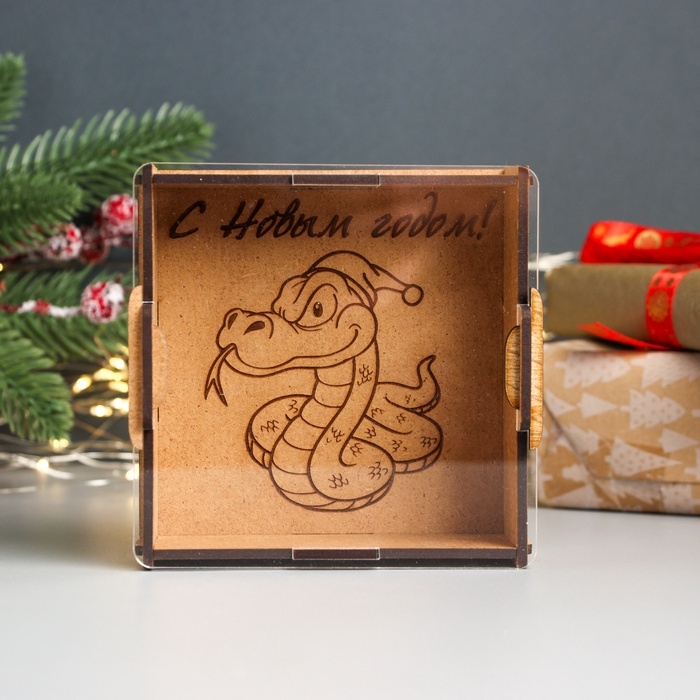 Новогодняя копилка с акрилом  Новогодняя копилка с акрилом "Змея в колпаке" 12х12х4 см