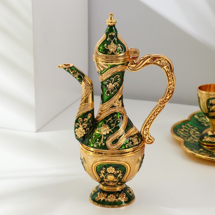 Набор винный кувшин, 6 бокалов и поднос  Набор винный кувшин, 6 бокалов и поднос "Турция. Цветы и узоры" зелёный с золотом