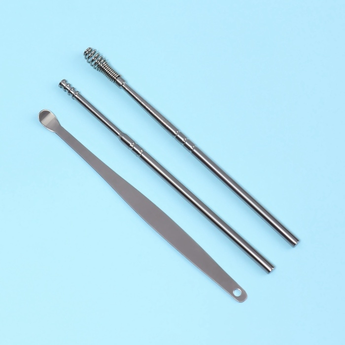 Набор для чистки ушей, 3 предмета, 9 × 2,8 × 1,3 см, в футляре, цвет серебристый Набор для чистки ушей, 3 предмета, 9 × 2,8 × 1,3 см, в футляре, цвет серебристый