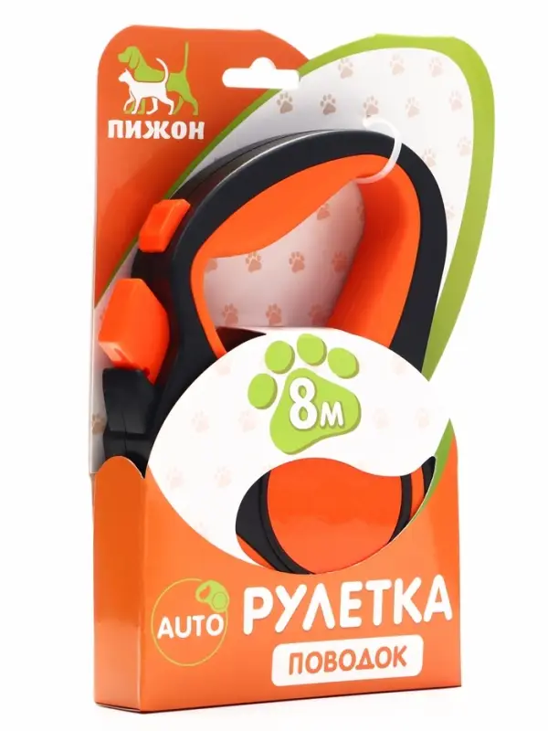 Рулетка &laquo;Пижон&raquo;, 8 м, до 40 кг, трос, светоотражающая, прорезиненная ручка, оранжевая