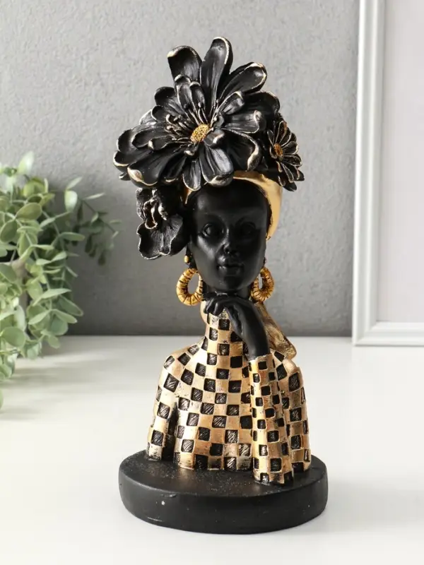Бюст полистоун Бюст полистоун "Девушка с цветком, в наряде в клетку" чёрный 13,3х12,3х29,5 см