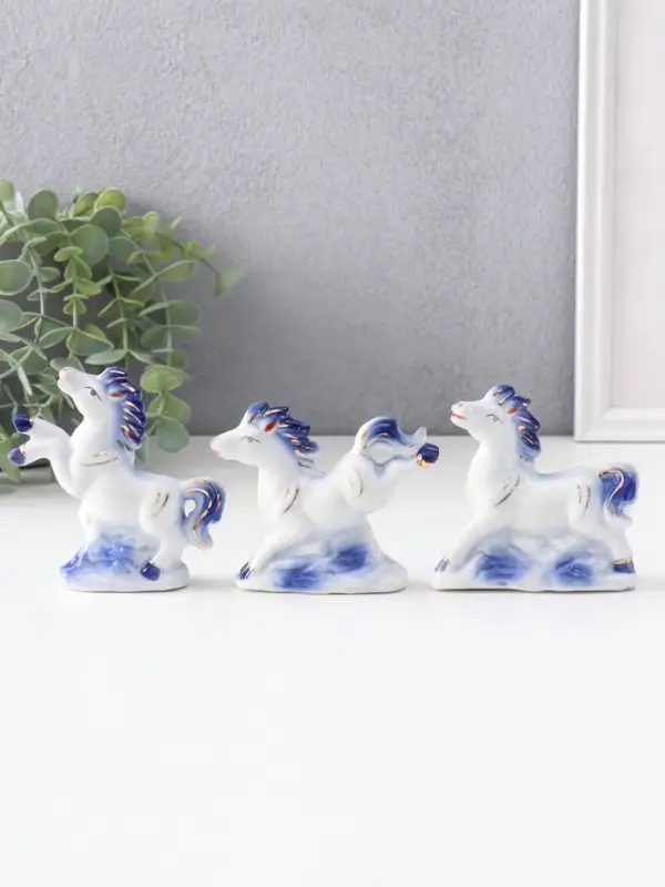Сувенир керамика Сувенир керамика "Лошадки резвятся" сине-золотой набор 3 шт 7,4х2,7х7 см