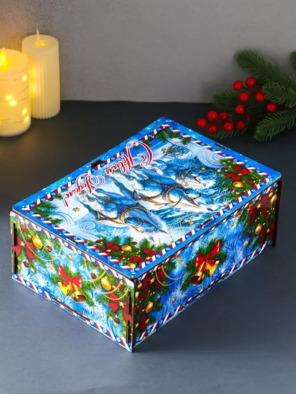 Шкатулка-ящик  самосборный большой  с символом года "Тройка",  28х19,5х11 см