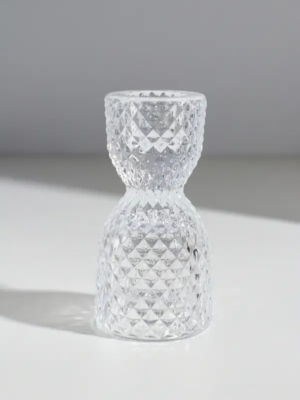 Подсвечник стекло на 1 свечу двусторон "Песочные часы" прозрачный d=2,5 см и 4 см 5х5х9,5 см   10973