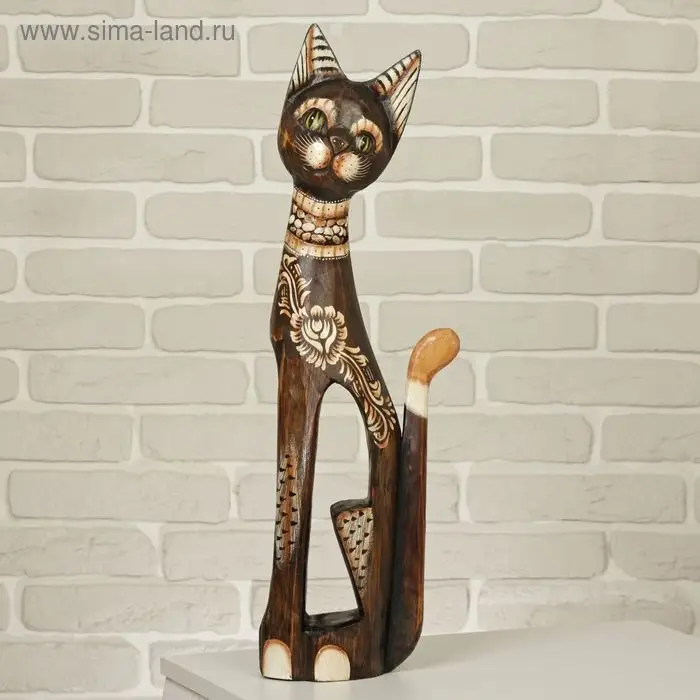 Сувенир дерево "Кошка в ошейнике из камней и с расписным цветком" 60х12х6 см