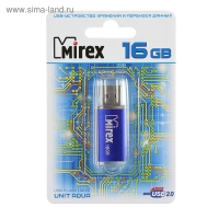 Флешка Mirex UNIT AQUA, 16 Гб, USB2.0, чт до 25 Мб/с, зап до 15 Мб/с, синяя