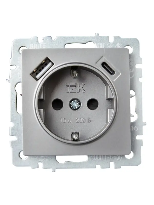 BRITE Розетка с заземлением с защитными шторками 16А с USB A+C 18Вт РЮш11-1-БрС сталь