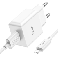 Сетевое зарядное устройство Hoco C106A, 1 USB, 2.1 А, кабель Lightning - USB, 1 м, белое