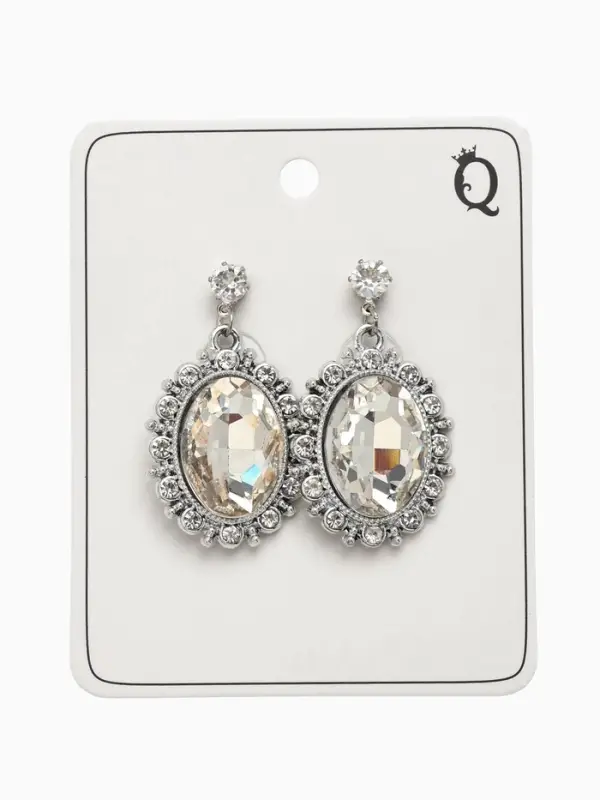 Серьги со стразами "Овал грань", цвет белый в серебре