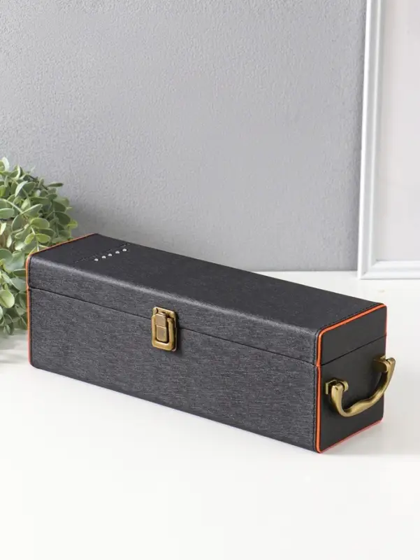 Шкатулка дерево, кожзам под бутылку "Чёрная с оранжевой вставкой" 4 предмета 35х10х11,5 см   1096938