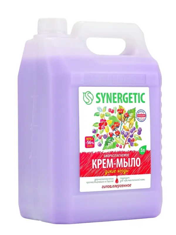 Крем-мыло жидкое биоразлагаемое для мытья рук и тела SYNERGETIC Крем-мыло жидкое биоразлагаемое для мытья рук и тела SYNERGETIC "Дикие ягоды", 5 л