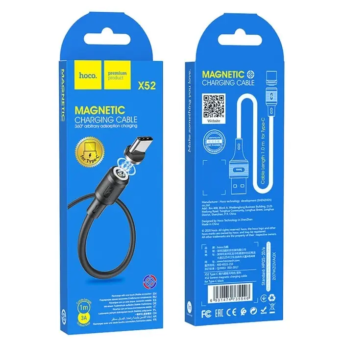 Кабель Hoco X52, Type-C - USB, магнитный, 3 А, 1 м, чёрный