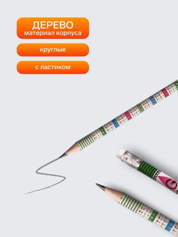 Карандаши чернографитные с ластиком и таблицей умножения, 4 штуки