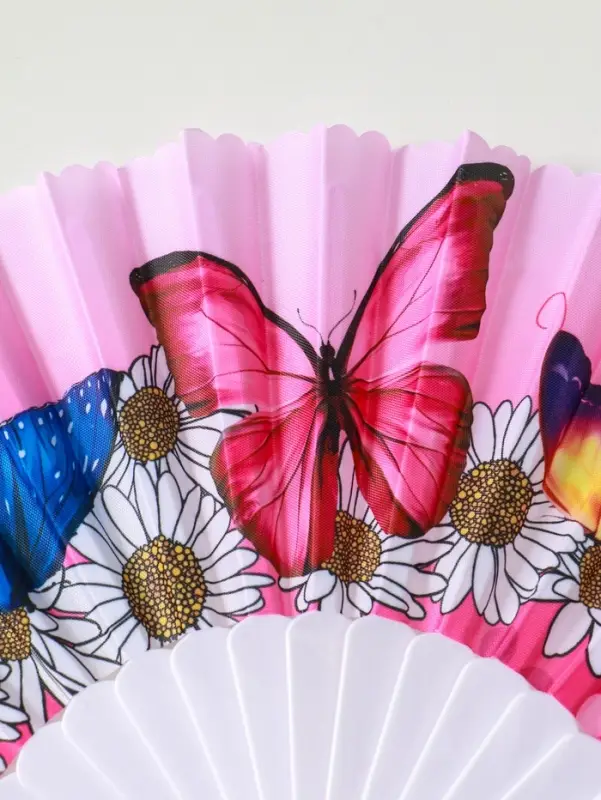 Веер пластик, текстиль Веер пластик, текстиль "Ромашки и бабочки" МИКС широкие лопасти 23 см