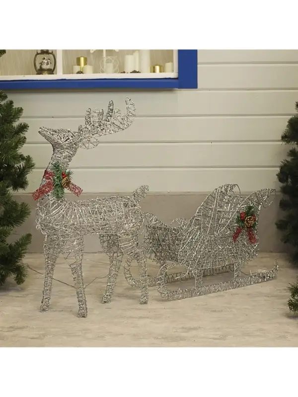 Светодиодная фигура &laquo;Олень с санями серебристый&raquo;, олень: 50&times;85&times;18 см, сани: 70&times;43&times;22 см, металл, 220 В, свечение тёплое белое