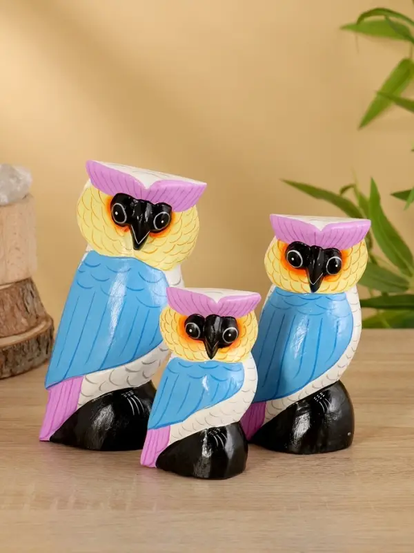 Набор сувенирный «Совы», h=18 см, h=14.5 см, h=11 см, дерево, бело-синий