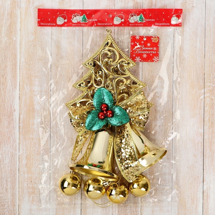 Украшение новогоднее  Украшение новогоднее "Уютная сказка" ёлка и колокольчики с зеленью14х37 см, золото