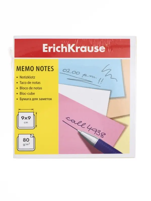 Блок для записей ErichKrause, 9&times;9&times;4.5 см, 80 г/м&sup2;, 500 листов, 4 цвета МИКС