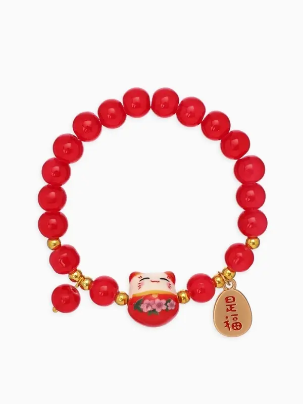 Браслет из бусин &laquo;Япония. Кошечка нэко&raquo;, L=16 см, красный в золоте