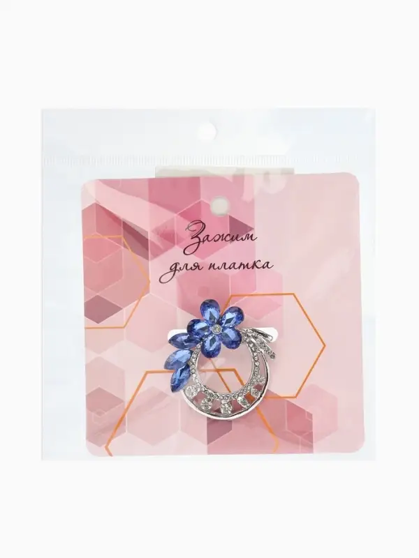 Зажим для платка &laquo;Цветок&raquo;, бело-синий в сером металле