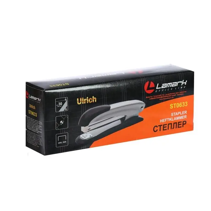 Степлер № 24/6, 26/6, Lamark Ulrich, встроенный антистеплер, индикатор скоб, до 20 листов, металлический корпус, чёрный