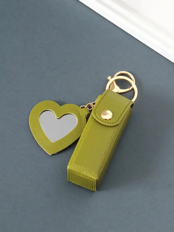 Брелок для ключей на кольце с карабином, с зеркалом &laquo;Для помады&raquo;, на рюкзак, сумку, кожзам, зелёный, 9.2&times;3&times;3.5 см