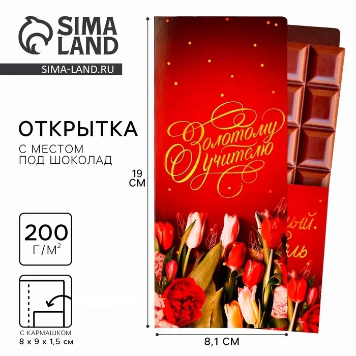 Открытка с местом под шоколадку &laquo;Золотому учителю&raquo;, размер 19 см &times; 8.1 см, плотность 200 г