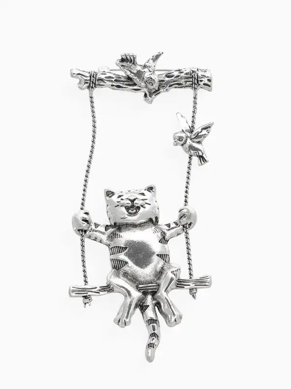 Брошь &laquo;Кот на качелях&raquo;, в чернёном серебре