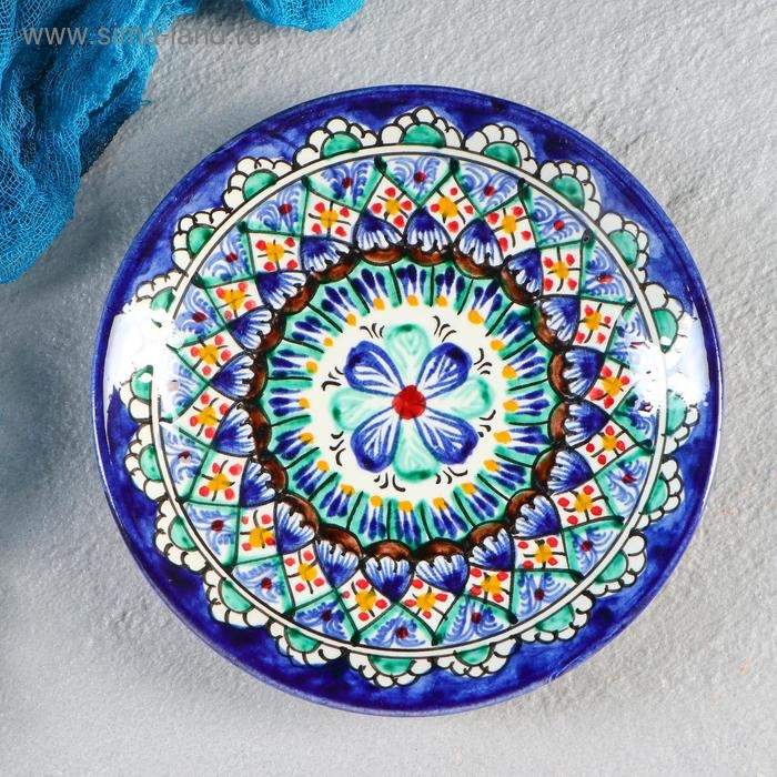 Тарелка Риштанская Керамика Тарелка Риштанская Керамика "Цветы", синяя, плоская, 15 см, микс