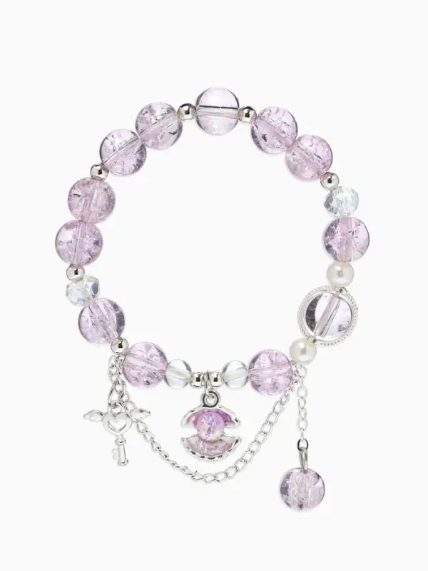 Браслет с подвесками "Сахарный" ракушка, шар №10/8, цвет сиреневый в серебре