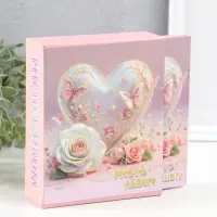 Фотоальбом на 40 фото 10х15 см "Сердце и белая роза с бабочками" в коробке 4,5х14х17 см