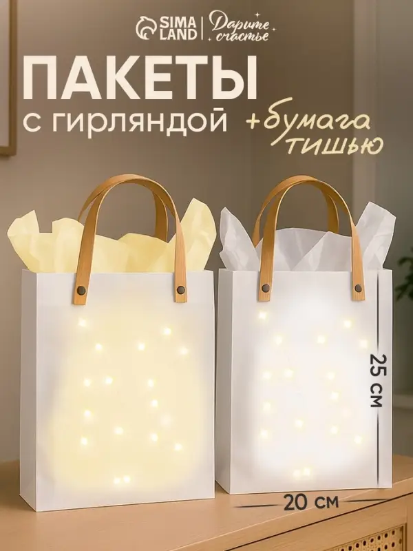 Пакеты подарочные с бумагой тишью и гирляндой, набор 2 шт., 20&times;8&times;25 см