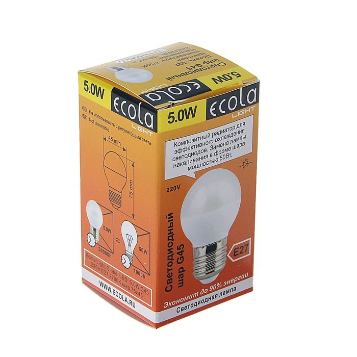 Лампа светодиодная Ecola, E27, 5 Вт, 2700 К, 75x45 мм Лампа светодиодная Ecola, E27, 5 Вт, 2700 К, 75x45 мм